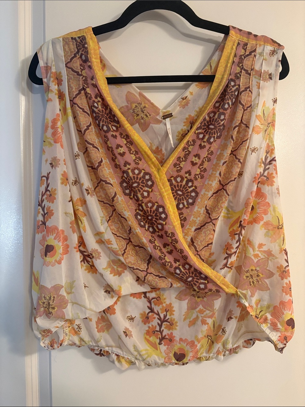 Free People Floral Surplice Sleeveless Top in Yellow and Pink
